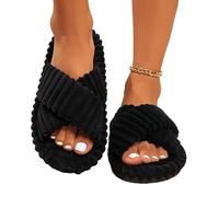 Sandals For Women, Ladies Sandals Women Corduroy Cross Strap Home Slippers Men Soft Warm Flat Slides Family Indoor Fashion Plush Sandals For Four Seasons(Black,44-45)
