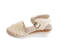 Sandals for Women Low Wedge Open Toe Espadrille Sandals Crochet Knit Ankle Strap Platform Footwear Summer Beach Holiday Casual Dress Shoes Beige White