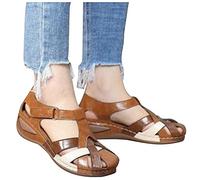 Sandals for Women Summer Wedge Sandals Summer Hollow Closed Toe Sandals Vintage Soft Leather Closed Toe Anti-slip Sandals,Brown,40