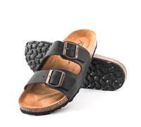 Sandals Men Flip Flops Nubuck Leather Bio Anatomical Comfortable Cork Natural Summer Breathable Non-Slip Clog Mules Pool Slippers Beach Adjustable Buckles Nickel Free EVA Made in Spain, Black/White