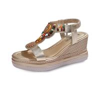 Sandals Platform Women's Bohemia Sandals Comfortable Wedge Sandals Casual Glitter Beach Shoes Soft Soles Elastic Summer Shoes for Outdoor Holiday Leisure & Everyday Use, gold, 10 UK