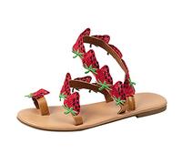 Sandals Slides Summer Shoes Women's Shoes 2025 Women's Summer Strawberry Decoration Flock Slip On Casual Open Toe Flat Soft Bottom Breathable Shoes Sandals, red, 8 UK