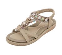Sandals Women Flat Bohemian Shoes Round Toe Open Toe Fashionable Casual Sandals with Rhinestones Walking Beach Gladiator,Apricot,38
