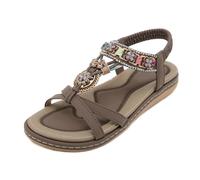 Sandals Women Flat Bohemian Shoes Round Toe Open Toe Fashionable Casual Sandals with Rhinestones Walking Beach Gladiator,Brown,39