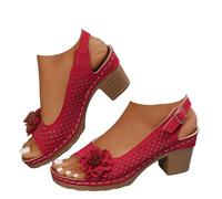 Sandals Women Sandals Women Comfortable Sandals, Women's Summer Adjustable Ankle Strap Peep Toe Wedge Style Elegant Minimalist Party Breathable Non-Slip Modern Classic, red, 9.5 UK