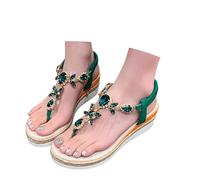 Sandals Women's Bohemian Style T-Strap Wedge Heel Platform Sandals with Elastic Band Open Toe Summer Shoes with Rhinestone Non-Slip High Heels Women's Shoes Soft Bottom Travel Holiday, O Green, 6 UK