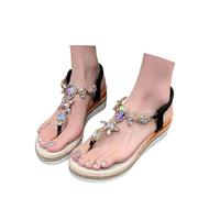 Sandals Women's Bohemian Style T-Strap Wedge Heel Platform Sandals with Elastic Band Open Toe Summer Shoes with Rhinestone Non-Slip High Heels Women's Shoes Soft Bottom Travel Holiday, O Black, 6 UK
