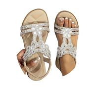 Sandals Women's Bohemian T-Strap Women's Sandals Flat Rhinestone Slippers Elegant Slippers Soft Sole Slippers Glitter Flip Flops Elastic Band Slingback Sandals Girls Beach Shoes Summer Shoes, khaki, 4