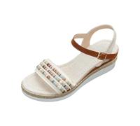 Sandals Women's Braided Straw Roman Sandals Simple Comfortable Bohemian Summer Shoes with Closure Elegant Women's Sandals Real Block Heel Leather Shoes, beige, 7 UK
