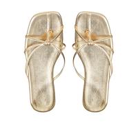 Sandals Women's Elegant Heel Slipper Ceremony Woman Square Toe Mules with Thin Straps Patent Effect Heel Summer Shoes for Wedding Party Evening, gold, 8.5 UK