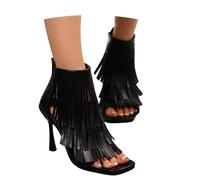 Sandals Women's Elegant High Heels Suede Tassel Peep Toe Boho Beach Shoes for Leisure Airy Summer Sandals High-Heeled Toe Models Summer Heel Shoes with Zip, black, 8 UK