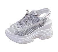 Sandals Women's Fish Mouth Summer Shoes Mesh Platform Wedge Sandals Breathable Lace-Up Knitted Elastic Upper Material High Wedge Sandals Summer Casual Comfortable Hiking Shoes, gray, 8 UK