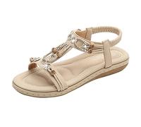 Sandals Women's Gladiator Summer Sandals Bohemia Sandals with Rhinestone Beads Flat Beach Shoes Comfortable Bohemian Sandals Leisure Summer Shoes with Soft Footbed Flip Flops Beach Shoes, beige, 5 UK