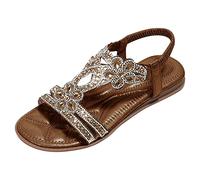 Sandals Women's Summer Elegant Boho Flat Sandals with Rhinestone Glitter T-Strap Summer Shoes Flip Flops Soft Soles Comfortable Sandals Leisure Elastic Band Slingback Beach Sandals, O Brown, 9 UK