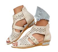 Sandals Women's Summer Elegant Decorative Pearls Profile Sole Platform Sandals Women's Mjus Casual Rhinestones Platform Roman Sandals Gladiator Beach Sandals with Ankle Strap, beige, 8 UK
