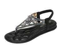 Sandals Women's Summer Elegant Flat Rhinestone Bohemian T-Strap Women Sandals Soft Soles Summer Shoes Glitter Flip Flops Elastic Band Slingback Sandals Girls Beach Shoes, O Black, 9 UK