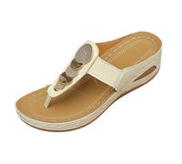 Sandals Women's Summer Flip Flop Wedge Heel Open Toe Cut-Outs Rhinestone Trim Orthopaedic Arch Support Non-Slip for Everyday Outdoor Beach Holiday City Stroll Leisure Summer Shoes, beige, 8.5 UK