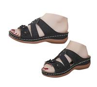 Sandals Women's Summer Lightweight Comfortable Mules with Low Wedge Heel Sandals Open Toe Summer Shoes Orthopaedic Non-Slip Roman Sandals Vintage Leisure Slippers, black, 5 UK