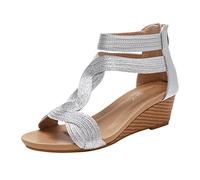 Sandals Women's Summer Mules Sandals Comfortable Fashion Spring Summer Women's Sandals Medium Heel Wedge Back Zip Open Lace Ankle Strap Plain Comfortable Roman Style, silver, 5 UK