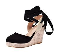 Sandals Women's Summer Sandals Comfortable Women Bohemian Canvas Lace-Up Sandals Mules Breathable Comfortable Outdoor Sandals with Thick Soles in Ethnic Style with Wedge Heel, black, 8.5 UK