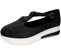 Sandals Womens Summer Wedge Platform Buckle Strap Sandals Ladies Spring Retro Round Head Loafers for Women Low Upper Wedge Heel Shoes Buckle Design,Black,39