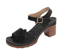 Sandals Women's Summer Wide Flower Appliques Adjustable Buckle Square Block Heel, Women's Comfortable Summer Shoes for Outdoor, Holiday, Leisure & Everyday Life, Boho Sandals, black, 10 UK