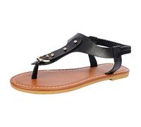 Sandals Womens, Thong Sandals for Women with T-Strap Synthetic Leather Elastic Ankle Strap Flat Sandal for Women Dressy Cute Summer Shoes Footwear Gift Size 6 UK Clearance 001_Black