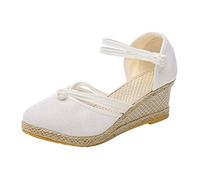 Sandals Women's White Summer Shoes Women's with Heel Elegant Espadrilles Women's Shoes Linen Casual Shoes Front Closed Platform Sandals Thicker Straw Sandals Lightweight Quick Drying Wedge Sandals