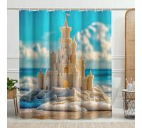 Sandcastle Shower Curtain, Beach Theme Turquoise and Cream Sandcastle Shower Curtain for Bathroom Decor, Summer Coastal Nautical Style Waterproof Fabric Curtain Set with Hooks 72x78 Inch