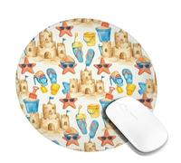 Sandcastle Small Mouse Pad, Summer Playful Starfish Flip Flops Summer Blue Round Rubber Non Slip Portable Mini Desk Mousepad Desk Accessories for Gaming Computer Laptop Round 8x8 Inch