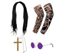 sanderala 80s Rocker Wig Costume Set Heavy Metal Rocker Accessories Set Black Long Wig Purple Hippy Glasses Cross Necklace and Tattoo Sleeves for Fancy Dress Parties Halloween Outfit