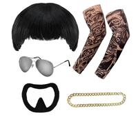 sanderala Ibiza Final Boss Costume Rave Accessory Set Black Bowl Cut Wig, Goatee, Gold Chain, Fake Tattoo Sleeves & Shades - Funny Fancy Dress Costume Kit for Festivals & Parties Trend