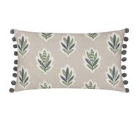Sanderson Sessile Leaf Feather Filled Cushion - Botanical British Woodland Textured Decorative Accent Pillow with Pom Pom Trim (Flax - 30x50cm)