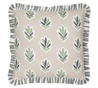 Sanderson Sessile Leaf Feather Filled Cushion - Botanical Oak Leaf Decorative Pillow with Striped Reverse and Ruffled Trim (Flax - 50x50cm)