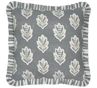 Sanderson Sessile Leaf Feather Filled Cushion - Botanical Oak Leaf Decorative Pillow with Striped Reverse and Ruffled Trim (Delph Blue - 50x50cm)