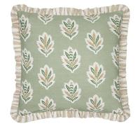 Sanderson Sessile Leaf Feather Filled Cushion - Botanical Oak Leaf Decorative Pillow with Striped Reverse and Ruffled Trim (Sage - 50x50cm)