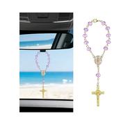 Sandfren Car Rosary for Rearview Mirror, Religious Christian Vehicle Rearview Mirror Hanging Charm, Automotive Interior Decoration Pendant, Universal for SUV Automobile Truck (Purple)