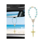 Sandfren Car Rosary for Rearview Mirror, Religious Christian Vehicle Rearview Mirror Hanging Charm, Automotive Interior Decoration Pendant, Universal for SUV Automobile Truck (Blue)
