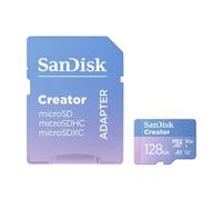 SanDisk Creator microSDXC UHS-I + SD adapter 128GB (For Smartphones, Camera's and Drones, 5,3K & 4K, A2, C10, V30, U3, Speeds up to 190 MB/s, 3 months Adobe Lightroom included)