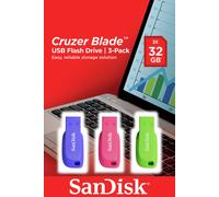 SanDisk Cruzer Blade 32Gb USB Flash Drive - 3 Pack (Red, Blue & Green)