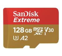 SanDisk Extreme. Capacity: 128 GB Flash card type: MicroSDXC Read speed: 160 MB/s Write speed: 90 MB/s UHS Speed Class: Class 3 (U3) Video Speed Class: V30. Product colour: Gold Red