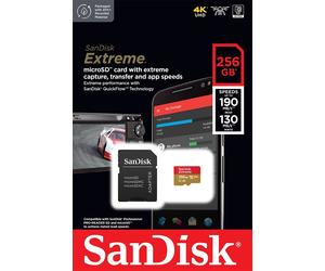 Sandisk Extreme micro SD SDXC Memory Card 256 Gb Capacity V30 UHS-I U3 A2 190mbs