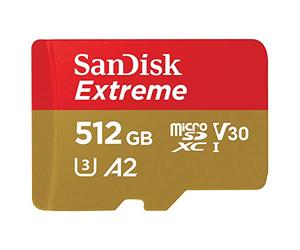 SanDisk Extreme microSD UHS I 512GB card for 4K video on smartphones, sports cameras and drones 190MB/s readout, 130MB/s write, SDSQXAV 512G GN6MN, red/gold