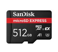 SanDisk microSD Express Card, 512GB mSD card, Read speeds up to 880 MB/s, Write Speeds up to 650MB/s, Sustained Write 220MB/s, SanDisk QuickFlow Technology, ThermAdapt, UHS-I, U3, C10