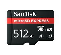 SanDisk microSD Express Card, 512GB mSD card, Read speeds up to 880 MB/s, Write Speeds up to 650MB/s, Sustained Write 220MB/s, SanDisk QuickFlow Technology, ThermAdapt, UHS-I, U3, C10