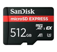 SanDisk microSD Express Card, 512GB mSD card, Read speeds up to 880 MB/s, Write Speeds up to 650MB/s, Sustained Write 220MB/s, SanDisk QuickFlow Technology, ThermAdapt, UHS-I, U3, C10