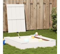 Sandpit White Solid Pine Wood 111x111x19.5cm with Cover & Seats for Kids Play