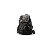 SandraWang Women’s PU Leather Backpack, Casual Everyday Fashion Backpack with Studded Skull Design, Drawstring Closure, Multiple Pockets, Black