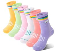 Sandsuced Kids Girls Socks Athletic Sport Basketball Youth Cotton Crew Soft Colorful Heart Gift Outdoor Socks 6 Pairs Stocking Fillers(Colorful Stripes Face, 9-15Years)