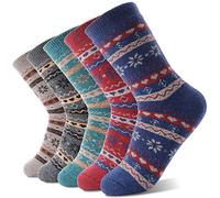 Sandsuced Womens Merino Wool Thermal Socks Warm Winter Cozy Long Heavy Comfy Socks for Ladies Mum Stocking Fillers Women Gifts Thick Crew Work Soft Boot Socks 5 Pairs(Snowflake Stripe)